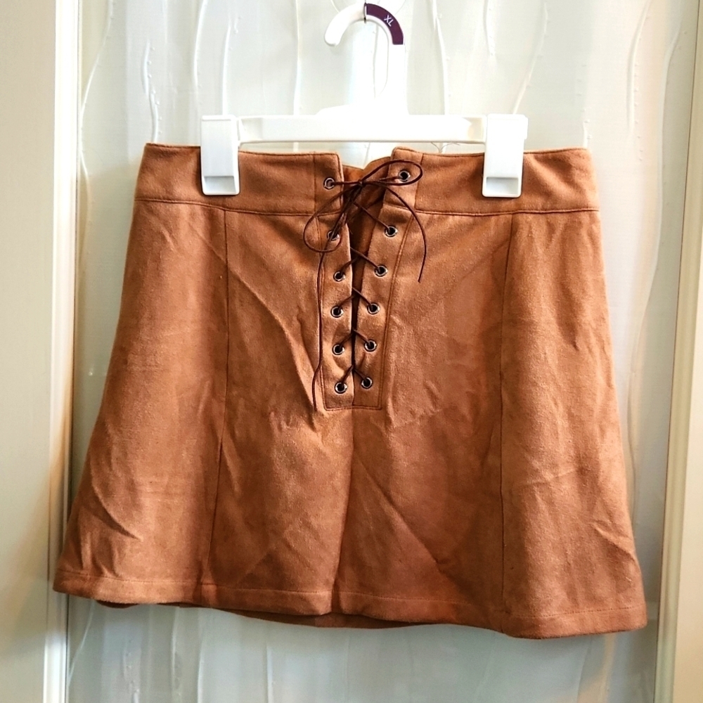 Agaci Tan Lace Front Mini Skirt